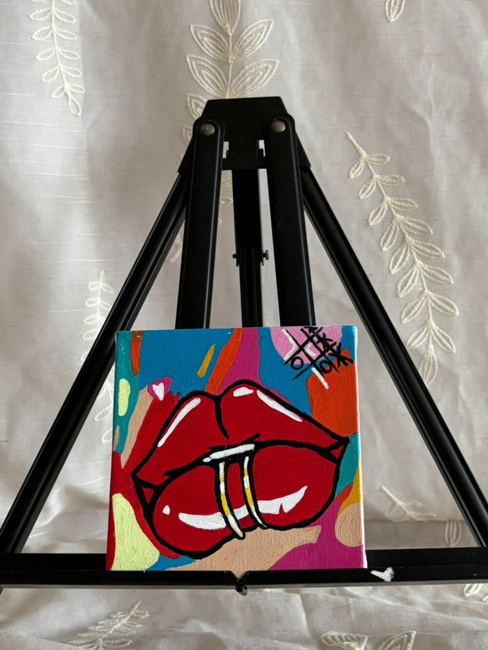 Hand Painted Colorful Red Lips Tongue Acrylic Canvas 6x6